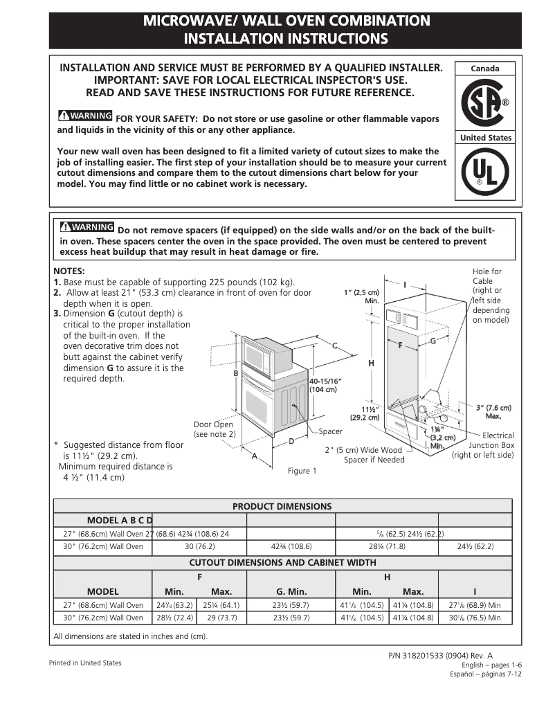 Page 1 de la notice Guide d'installation Frigidaire FGMC3065KB