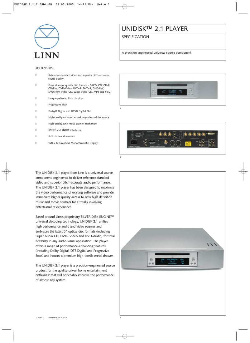 Page n°1 - Fiche technique Linn Unidisk 2.1