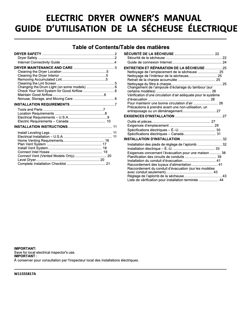 Page n°1 - Manuel utilisateur Whirlpool YWED560LHW