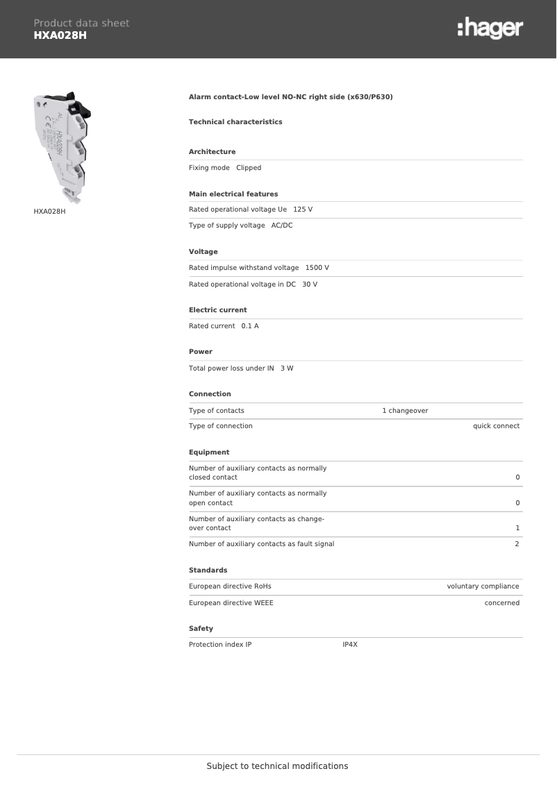 Page n°1 - Fiche technique Hager HXA028H