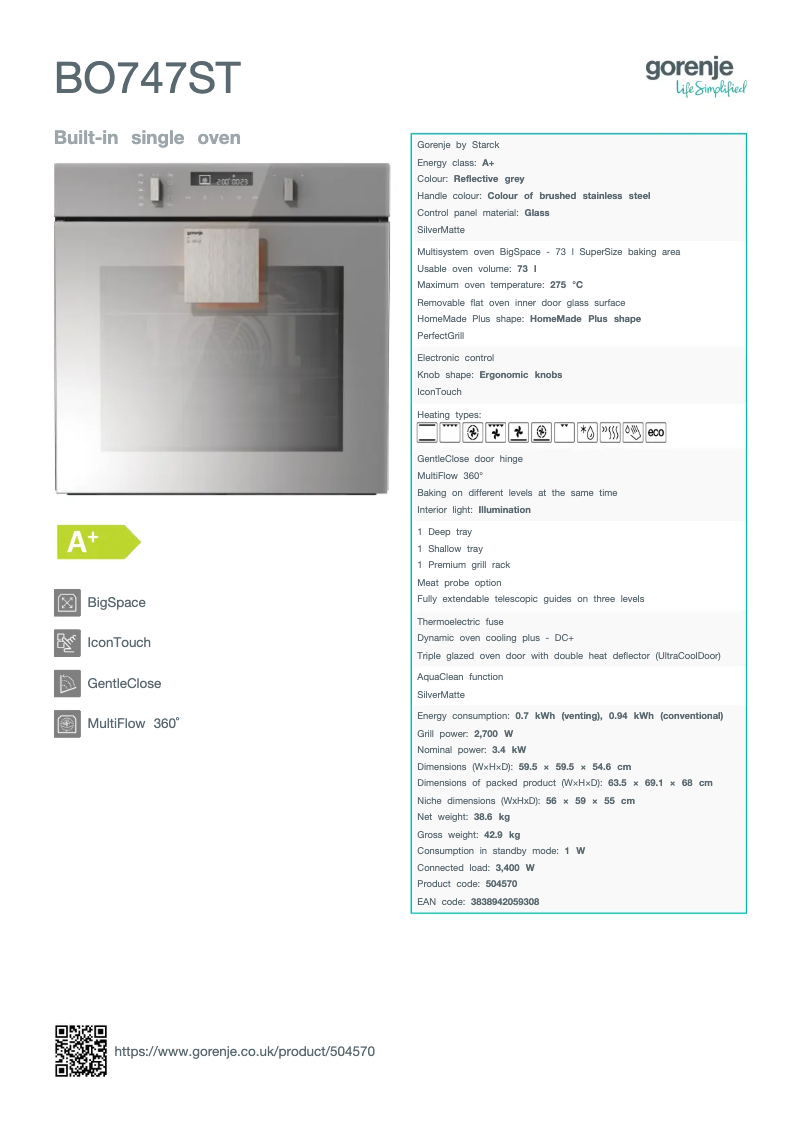 Page n°1 - Fiche technique Gorenje BO747ST