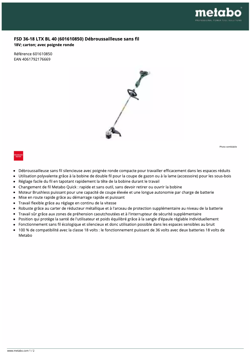Page 1 de la notice Manuel utilisateur Metabo FSD 36-18 LTX