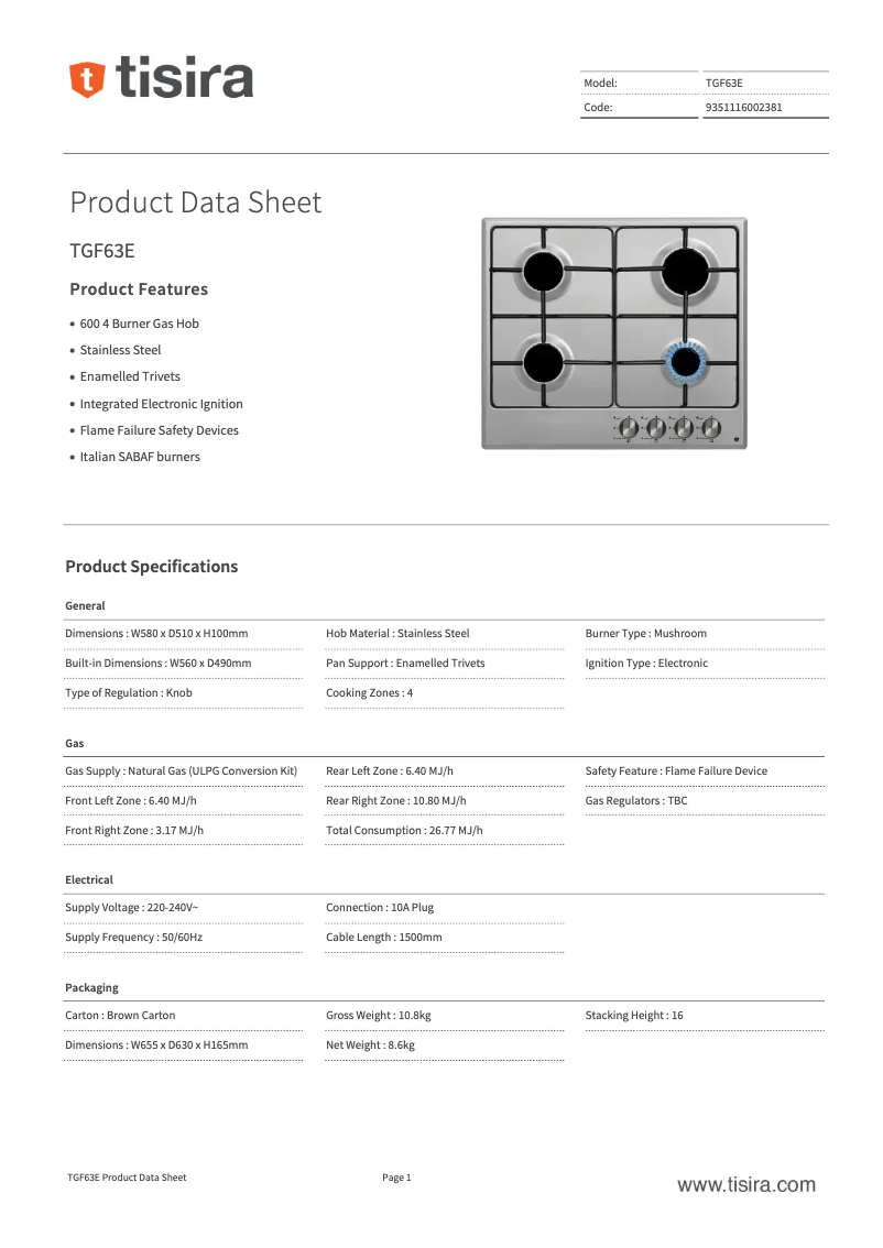 Page 1 de la notice Fiche technique Tisira TGF63E