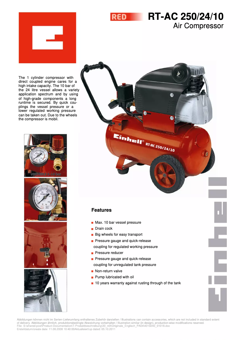 Page 1 de la notice Fiche technique Einhell RT-AC 250/24/10