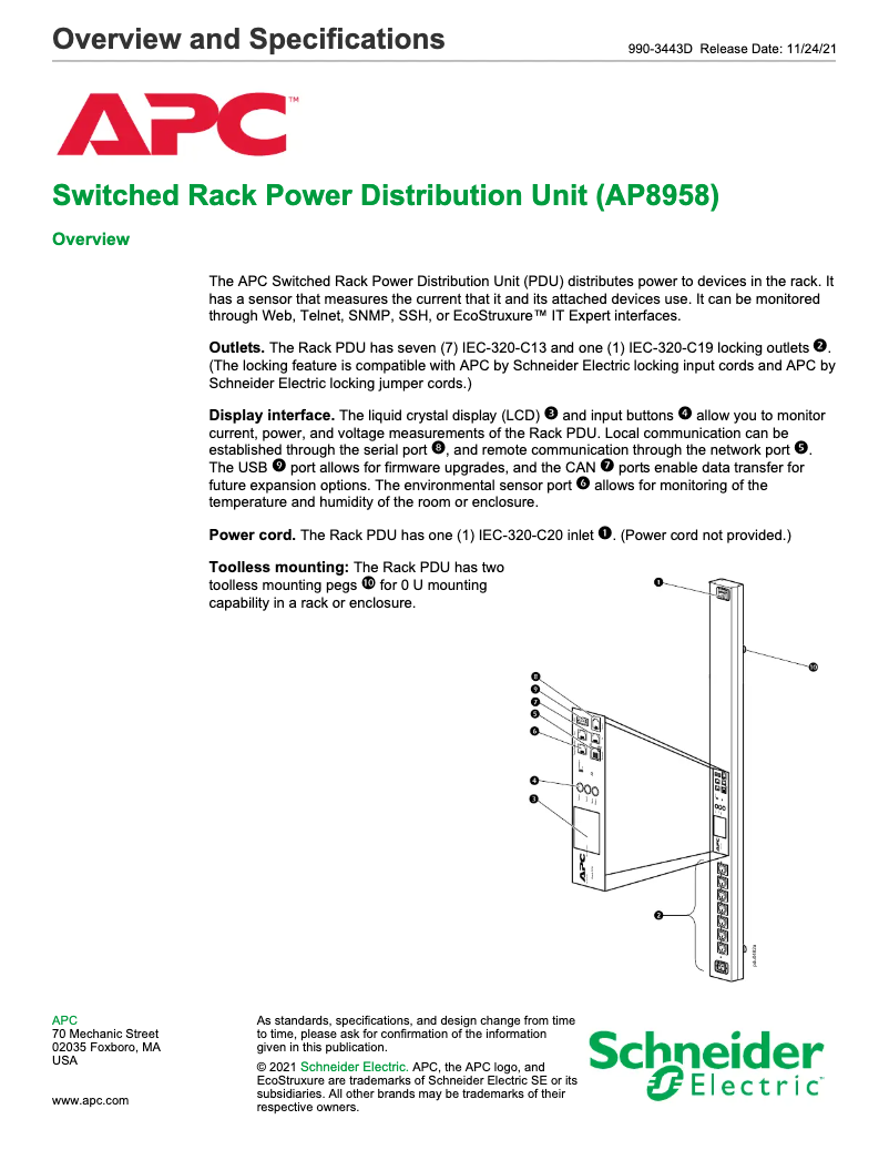Page n°1 - Fiche technique APC PDU 2G