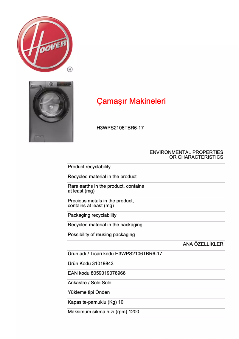 Page n°1 - Fiche technique Hoover H3WPS2106TBR6-17