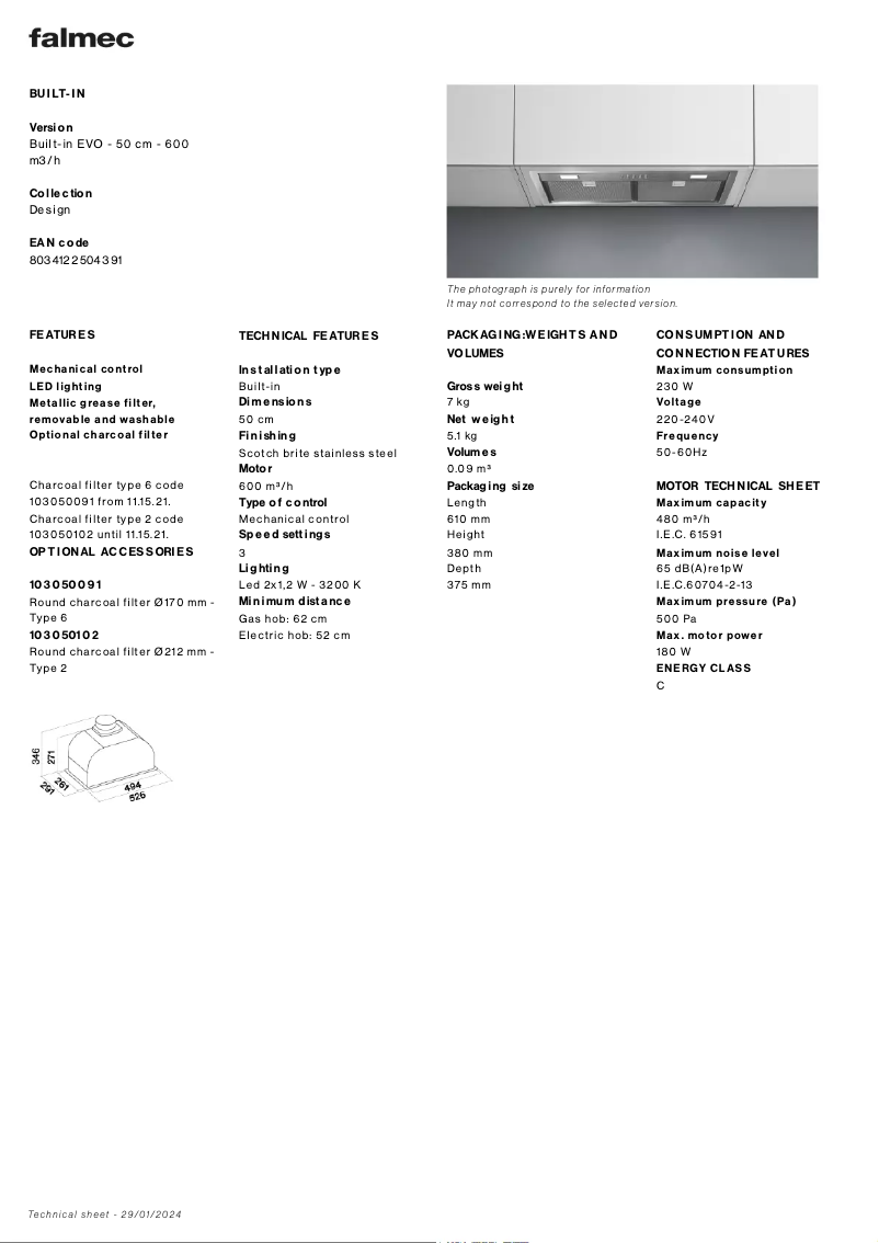 Page n°1 - Fiche technique Falmec Built-in 50