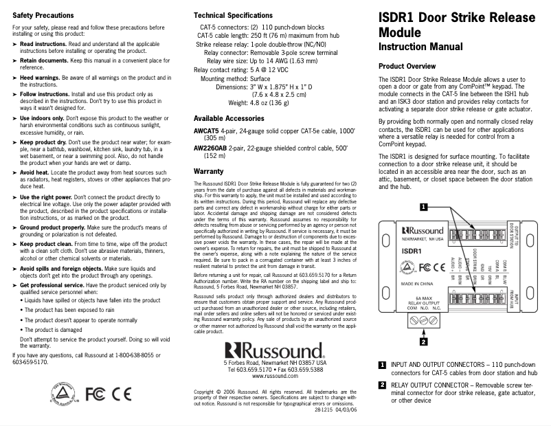 Page 1 de la notice Manuel utilisateur Russound ISDR1