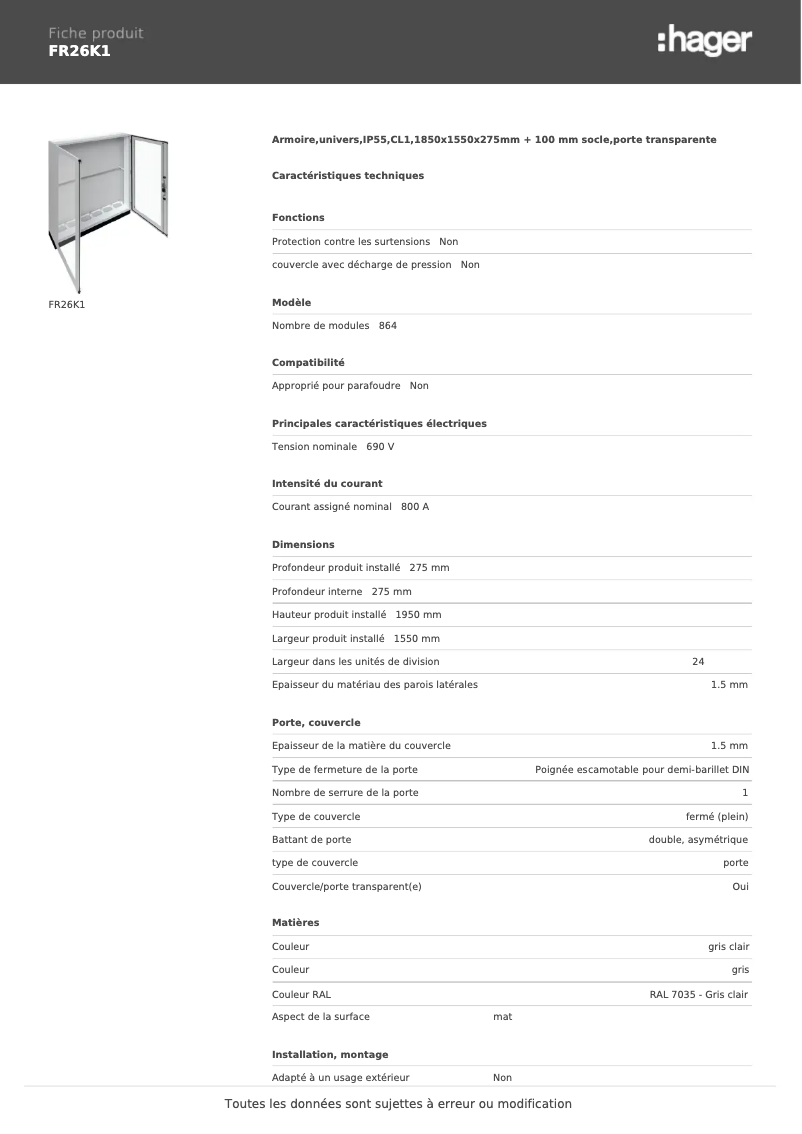 Page n°1 - Fiche technique Hager FR26K1