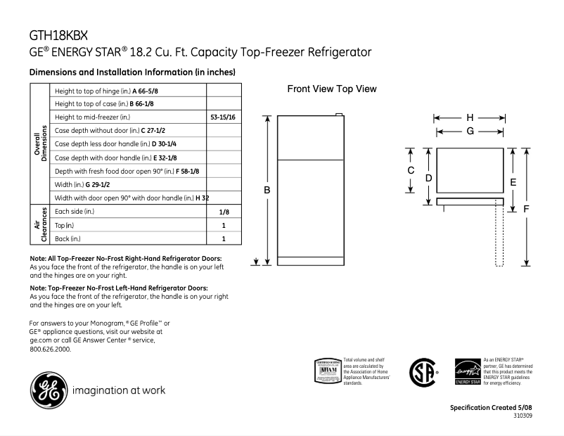 Page 1 de la notice Fiche technique GE GTH18KBXBB