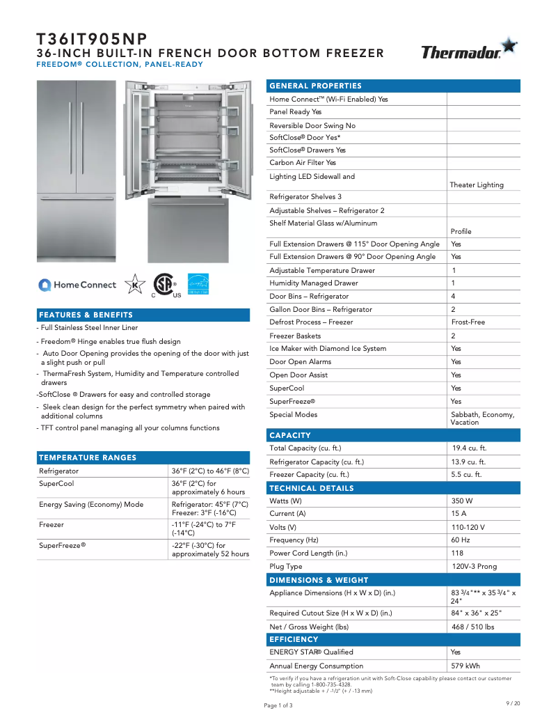 Page 1 de la notice Fiche technique Thermador T36IT905NP