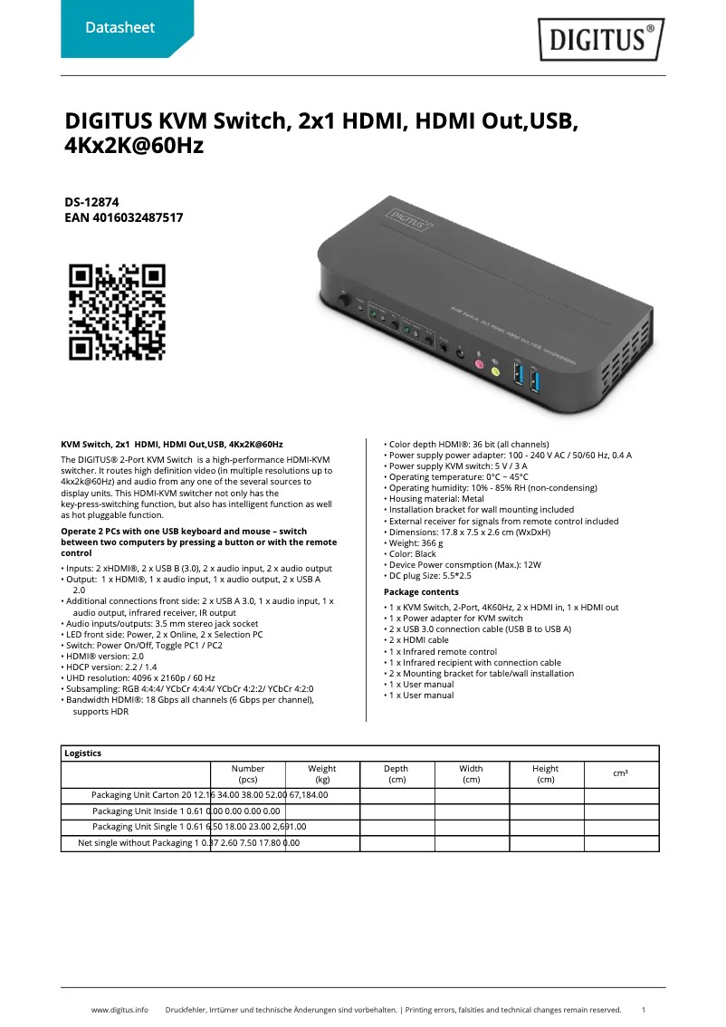 Page n°1 - Fiche technique Digitus DS-12874