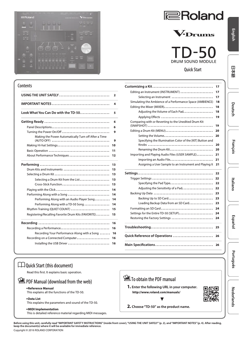 Page 1 de la notice Guide de démarrage rapide Roland TD-50K180