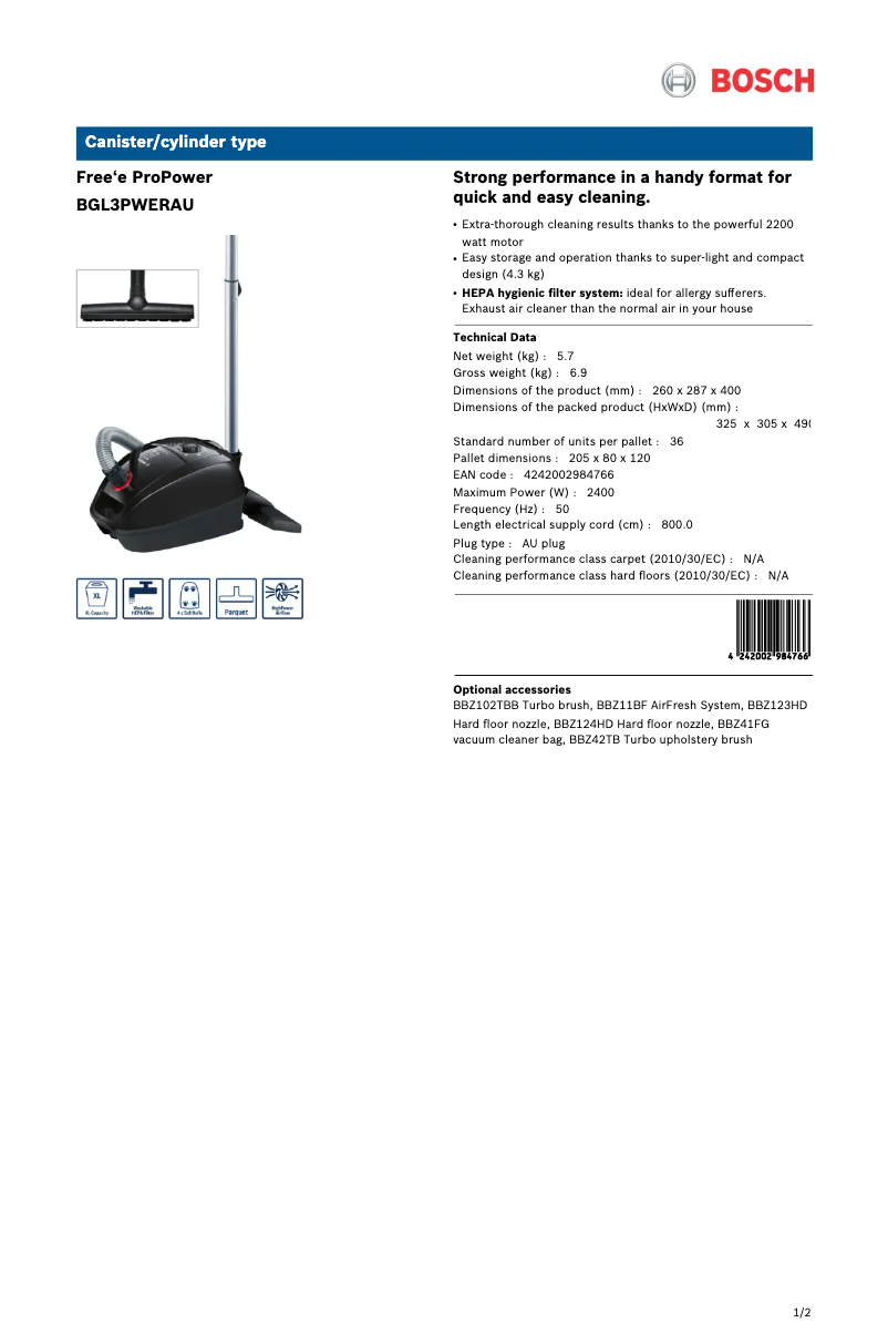 Page n°1 - Fiche technique Bosch Free'e ProPower BGL3PWERAU