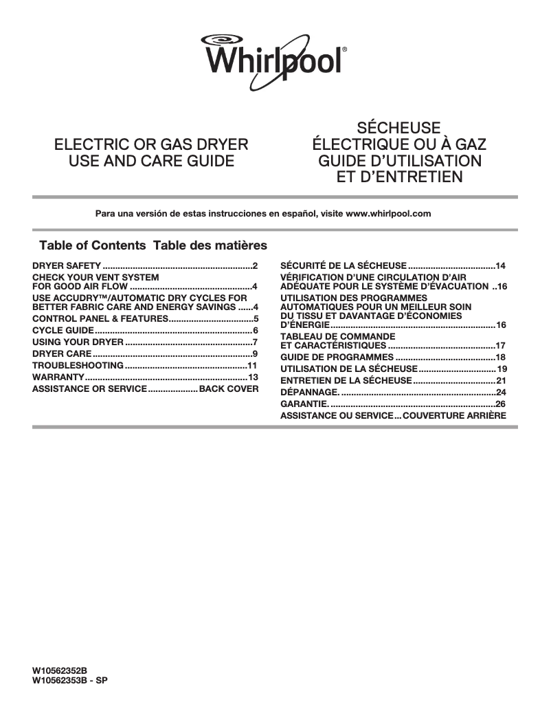 Page 1 de la notice Manuel d'utilisation et d'entretien Whirlpool WED4616F