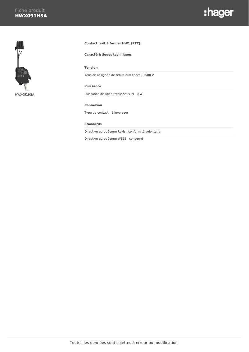 Page 1 de la notice Manuel utilisateur Hager HWX091HSA