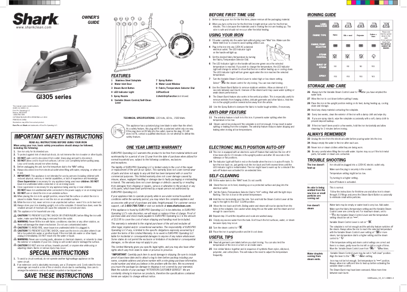Page 1 de la notice Manuel utilisateur Shark Lightweight Professional Steam Iron