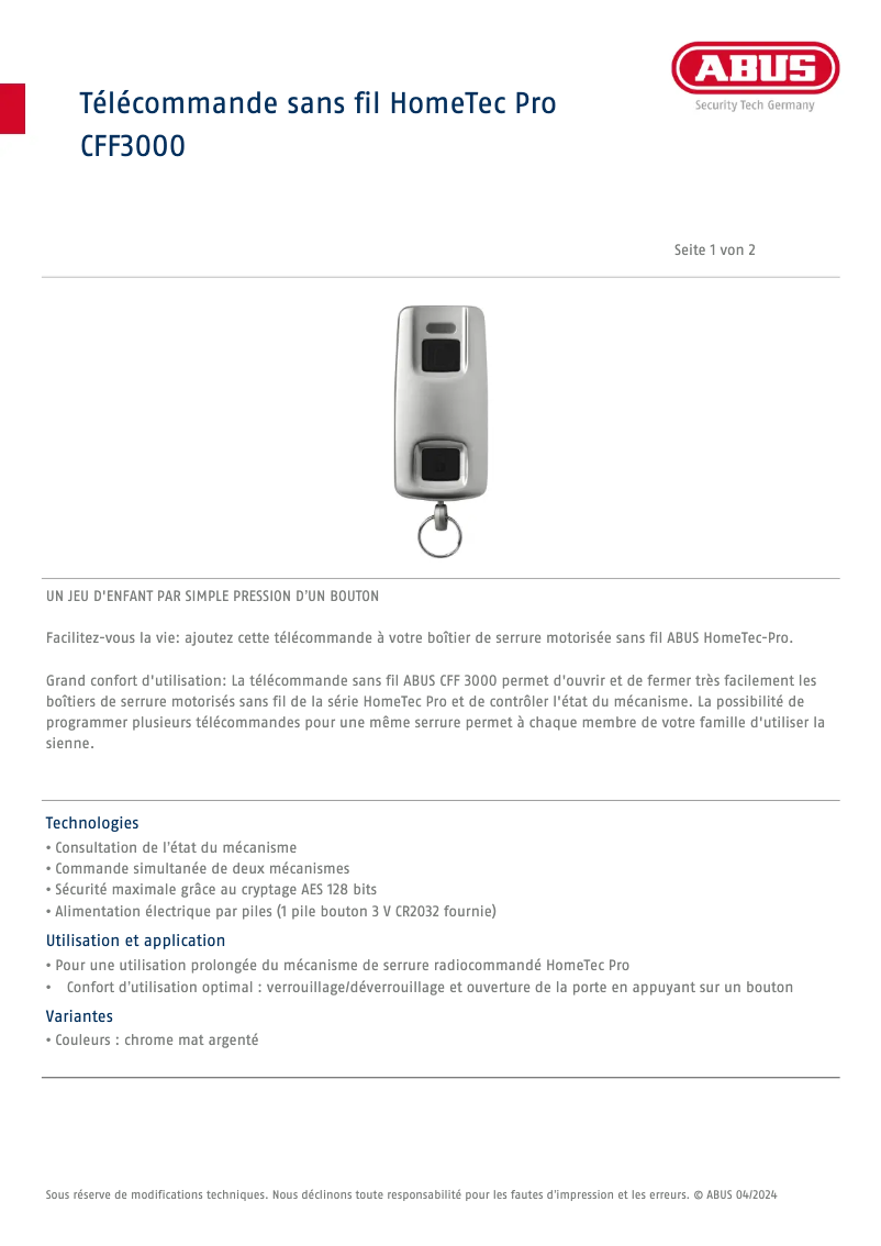 Page n°1 - Fiche technique Abus CFF3000