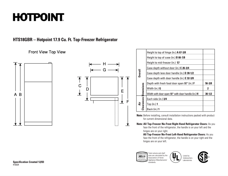 Page n°1 - Fiche technique Hotpoint HTS18GBRWW