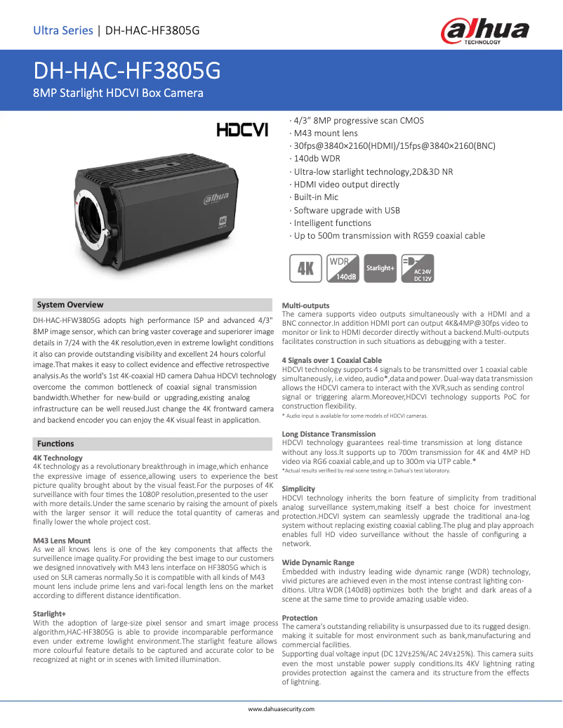 Page 1 de la notice Fiche technique Dahua Technology HAC-HF3805G