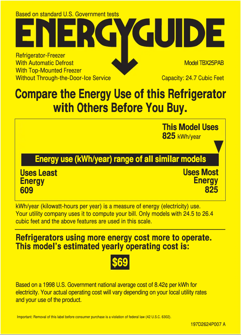 Page 1 de la notice Label énergétique GE Profile TBX25PABWW