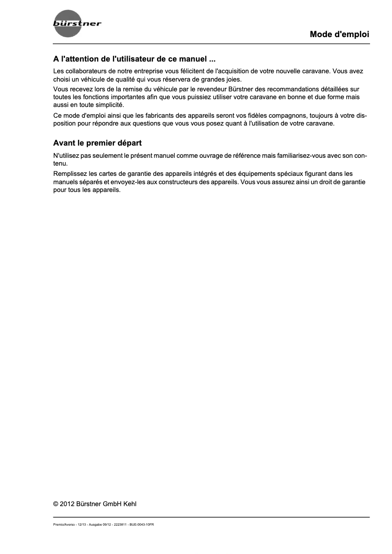 Page 1 de la notice Manuel utilisateur Bürstner Averso (2012)