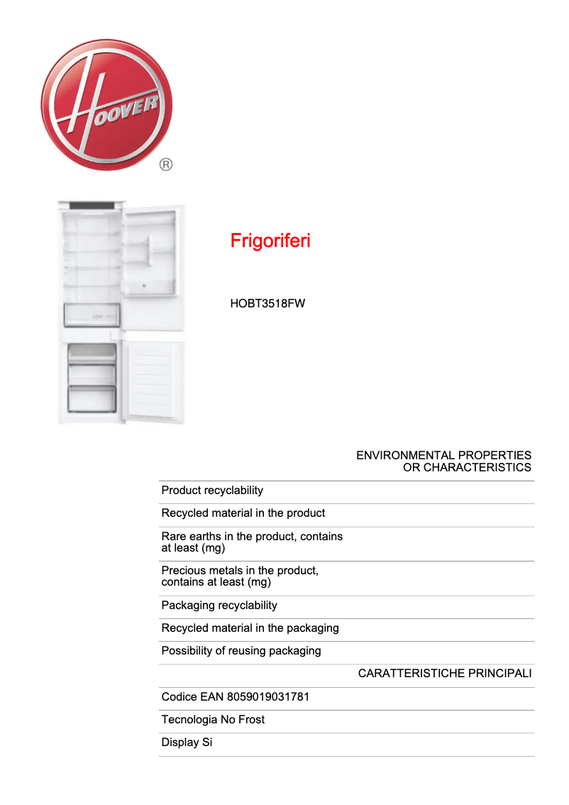 Page 1 de la notice Fiche technique Hoover HOBT3518FW