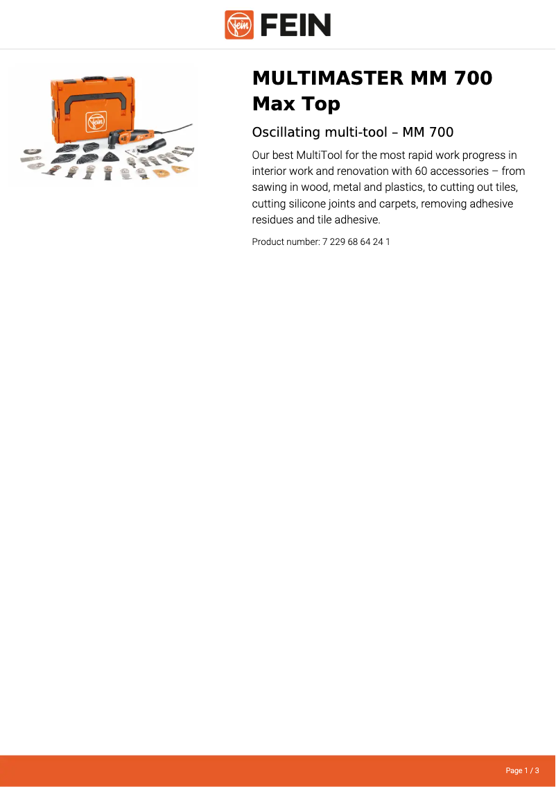 Page n°1 - Fiche technique Fein Multimaster MM 700 Max Top