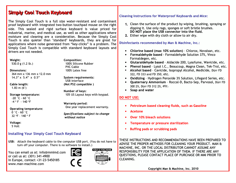 Page n°1 - Manuel utilisateur Man & Machine Simply Cool Touch
