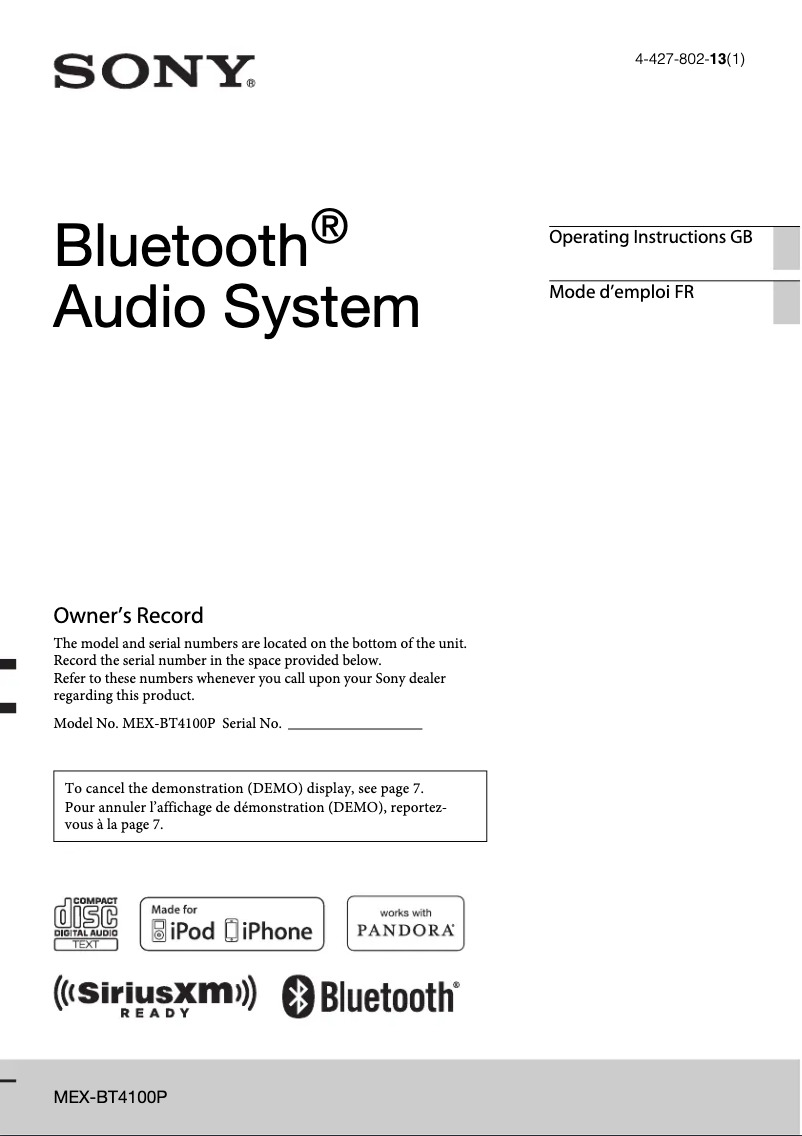 Página 1 del manual Manual de usuario Sony MEX-BT4100P