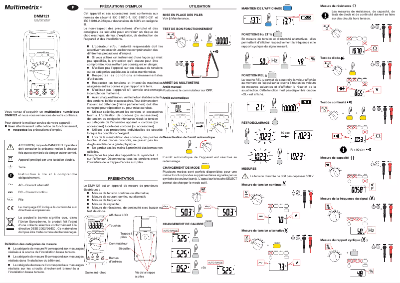 Page 1 de la notice Manuel utilisateur Multimetrix DMM121