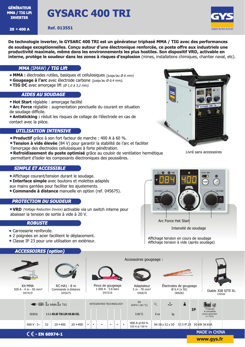 Página 1 del manual Ficha técnica GYS Gysarc 400 A TRI