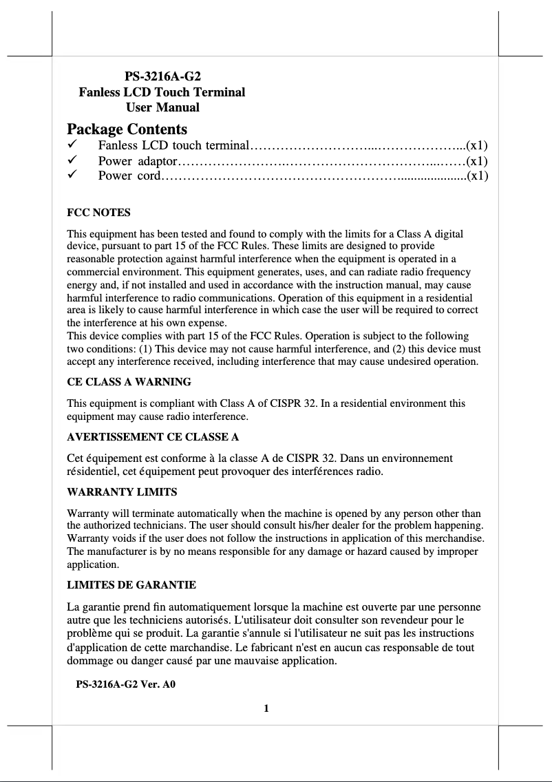 Page 1 de la notice Manuel utilisateur Posiflex PS-3216A-G2