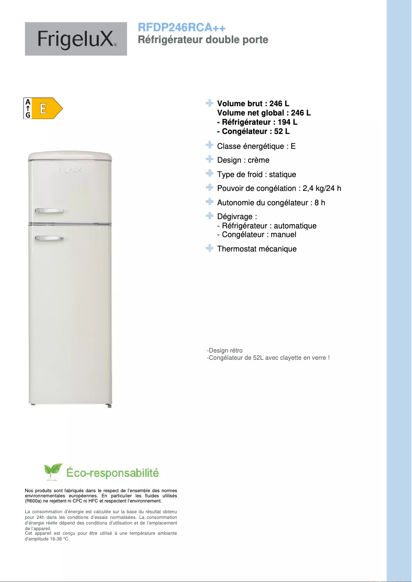 Page 1 de la notice Fiche technique FrigeluX RFDP246RCA++