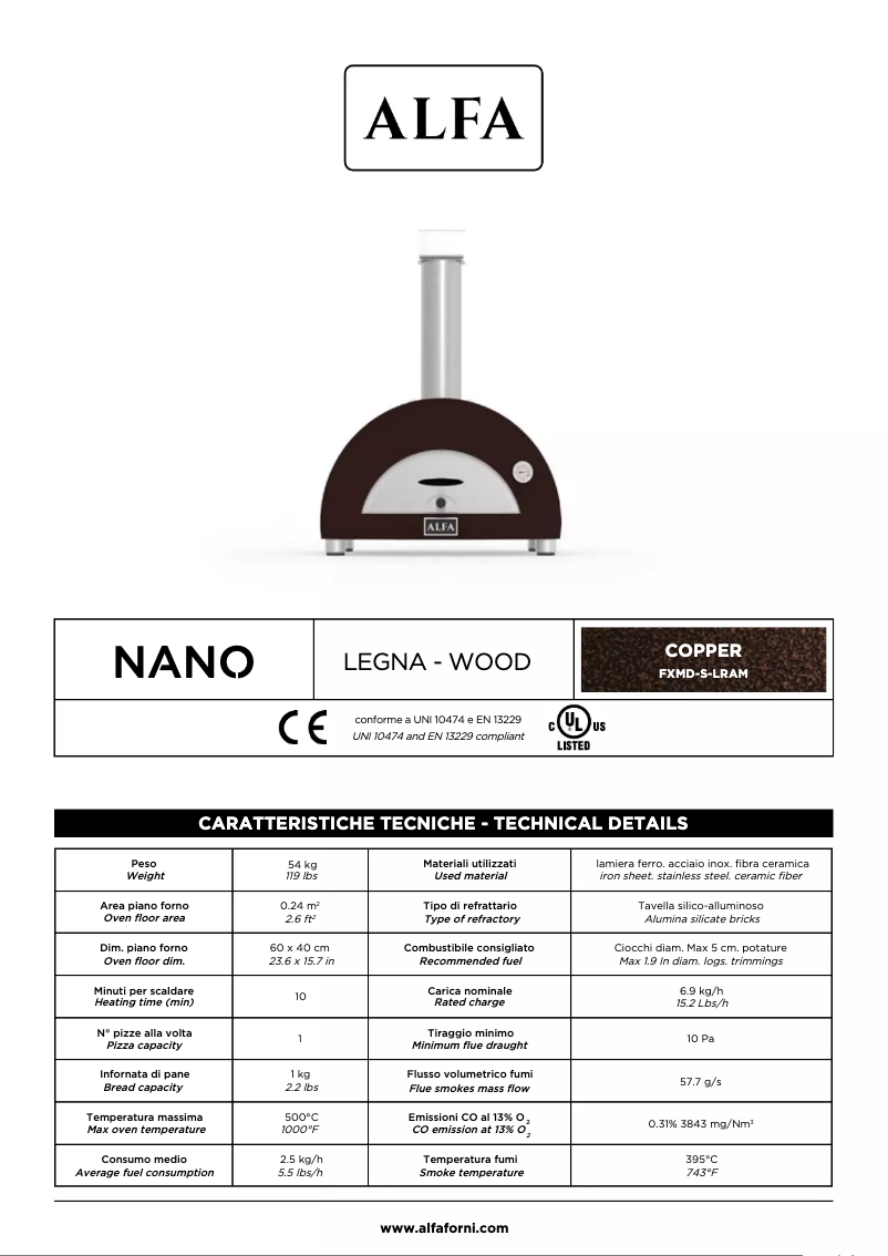 Page 1 de la notice Fiche technique Alfa ONE