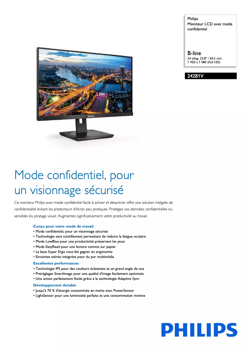 Page 1 de la notice Fiche technique Philips B Line 242B1V