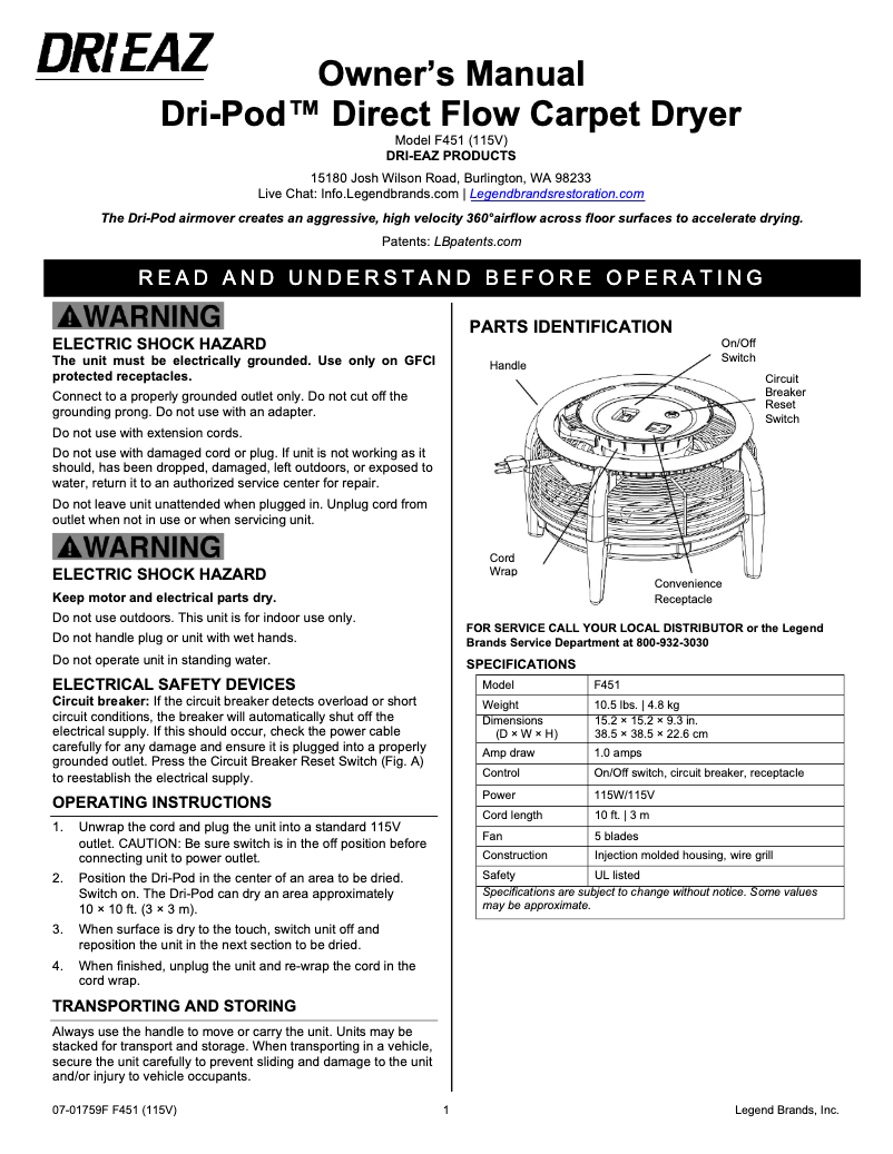 Page 1 de la notice Manuel utilisateur Dri Eaz Dri-Pod