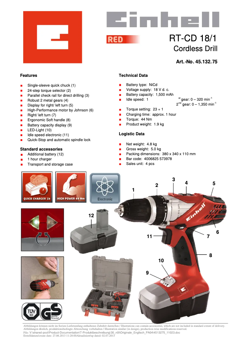 Page 1 de la notice Fiche technique Einhell RT-CD 18/1