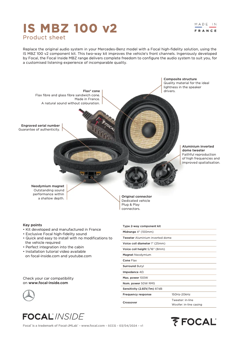 Page 1 de la notice Fiche technique Focal IS MBZ 100 V2