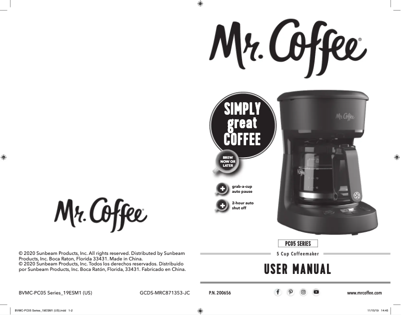 Page n°1 - Manuel utilisateur Mr. Coffee 5-Cup