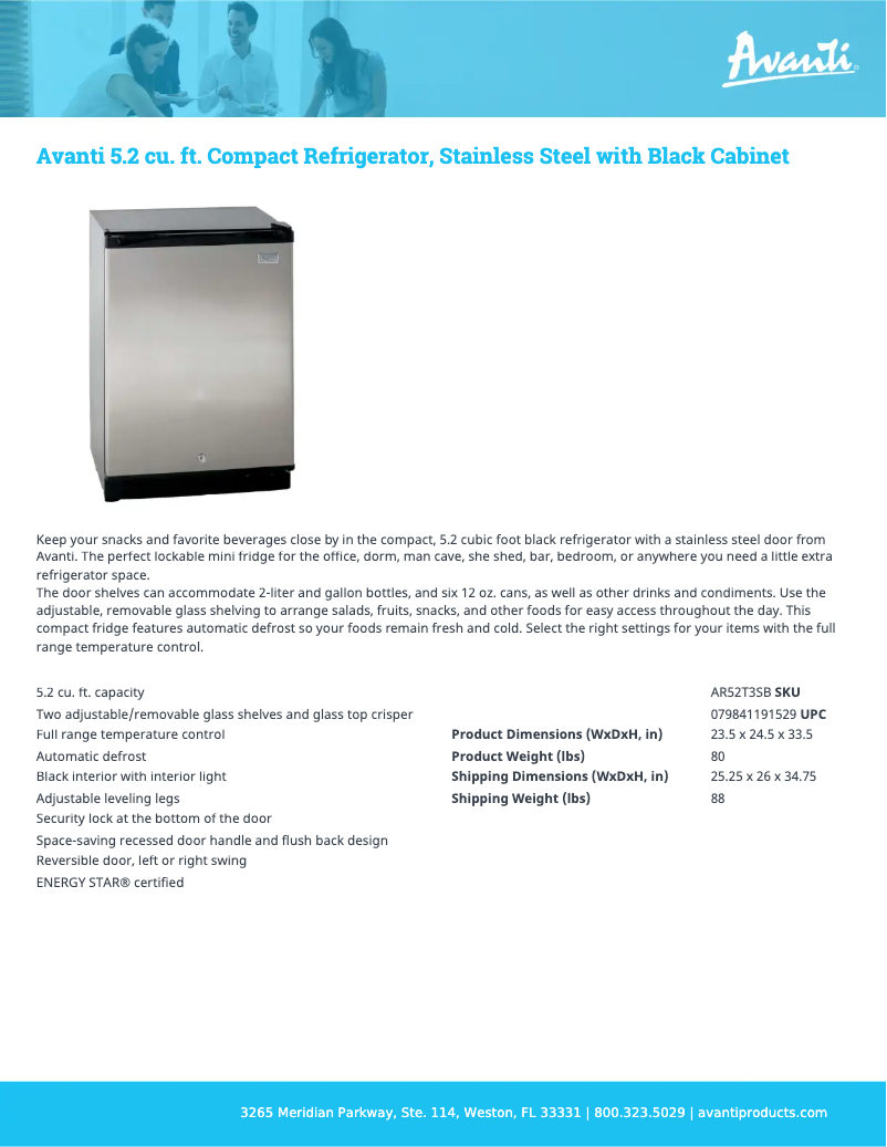 Page 1 de la notice Fiche technique Avanti AR52T3SB