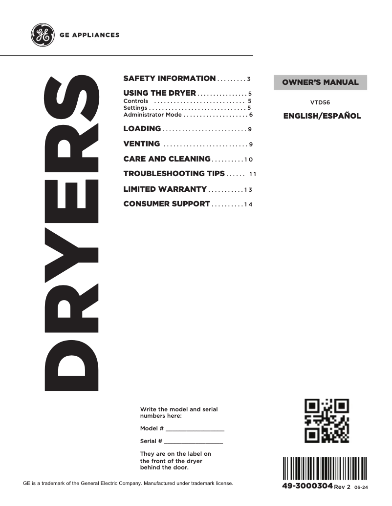 Page n°1 - Manuel d'utilisation et d'entretien GE VTD56GASVWB