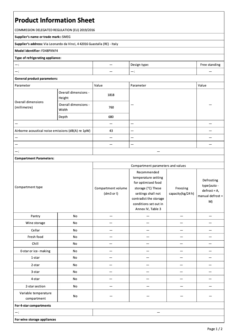 Page 1 de la notice Fiche technique Smeg FD48PXNF4