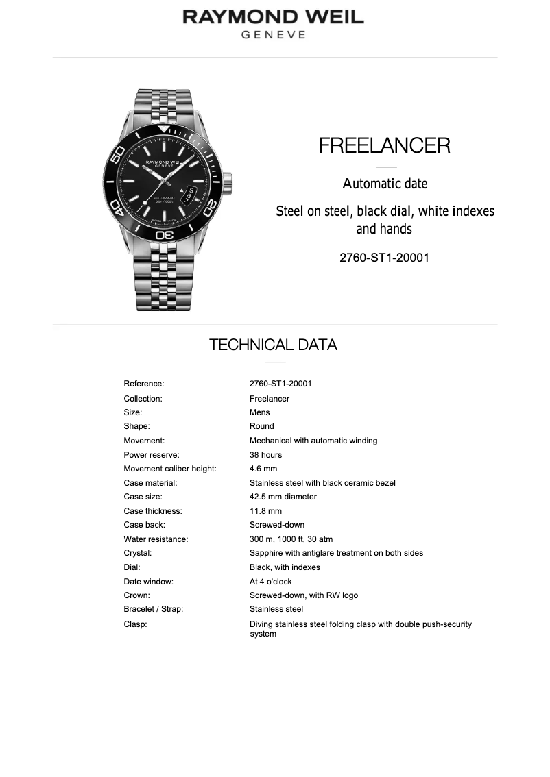 Page 1 de la notice Manuel utilisateur Raymond Weil Freelancer 2760-ST1-20001