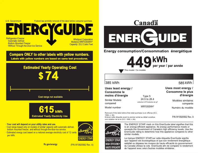 Page 1 de la notice Label énergétique Whirlpool WRF535SWHB