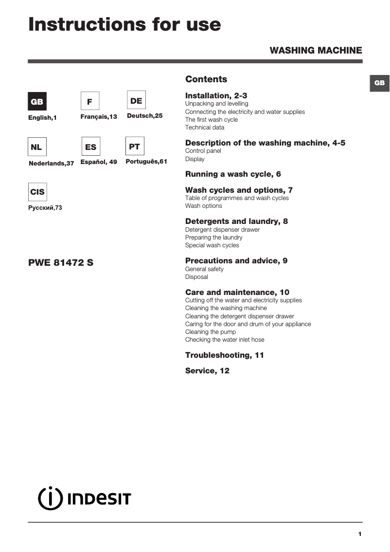Page 1 de la notice Manuel utilisateur Indesit PWE 81472 S