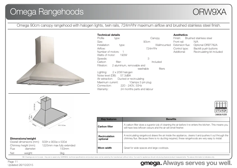 Page 1 of the manual Technical Sheet Omega ORW9XA