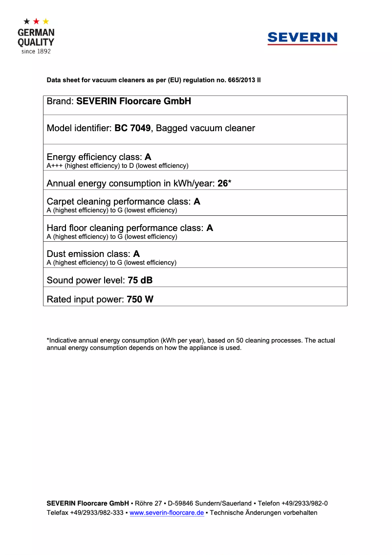 Page 1 de la notice Fiche technique Severin BC 7049