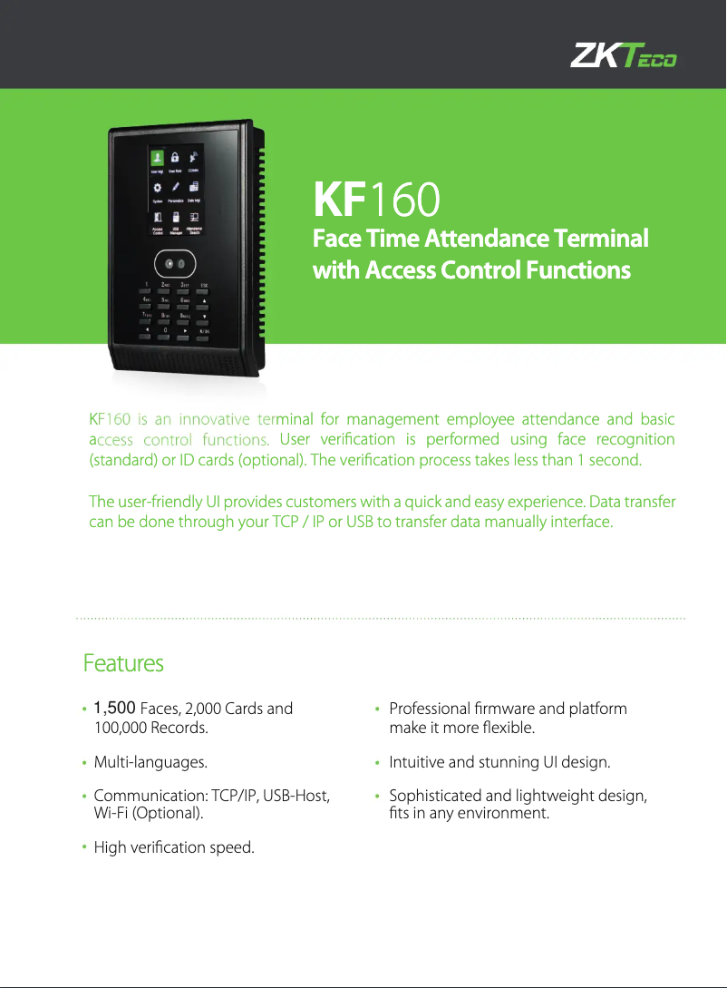 Page n°1 - Manuel utilisateur ZKTeco KF160