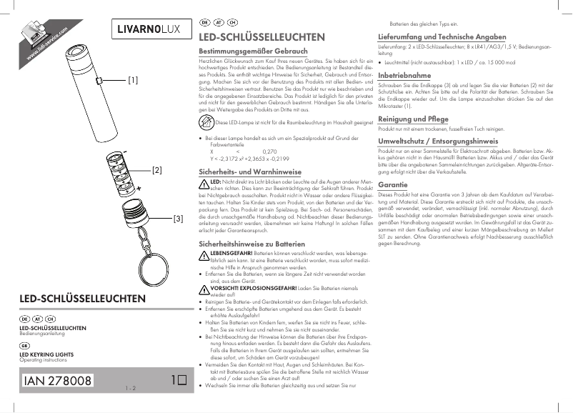 Page 1 de la notice Manuel utilisateur Livarno Lux IAN 278008